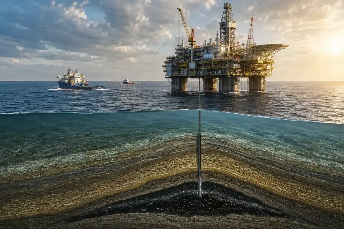 Offshore oil platform above a deep petroleum reservoir