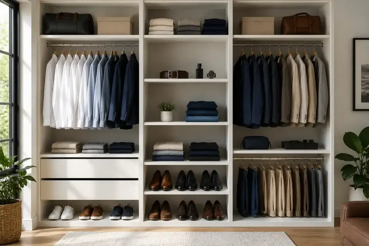 Organized wardrobe filled with timeless clothing essentials