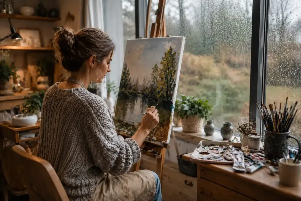 Person enjoying a creative hobby while it rains outside