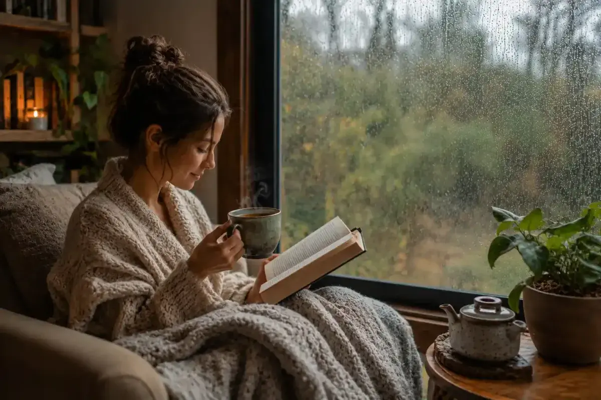 Person reading a book with a warm drink while it rains outside