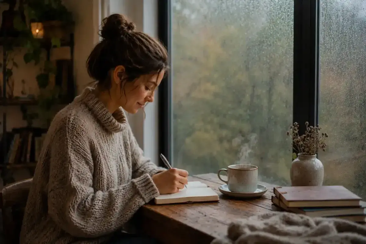 Person writing in a journal beside a rainy window