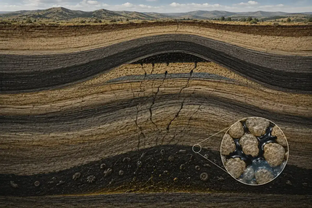 Petroleum moving through porous underground rock