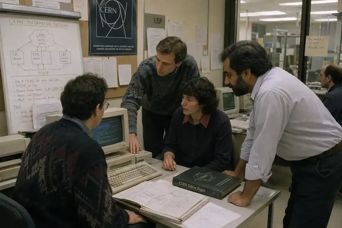 Scientists at CERN using early computers to share information