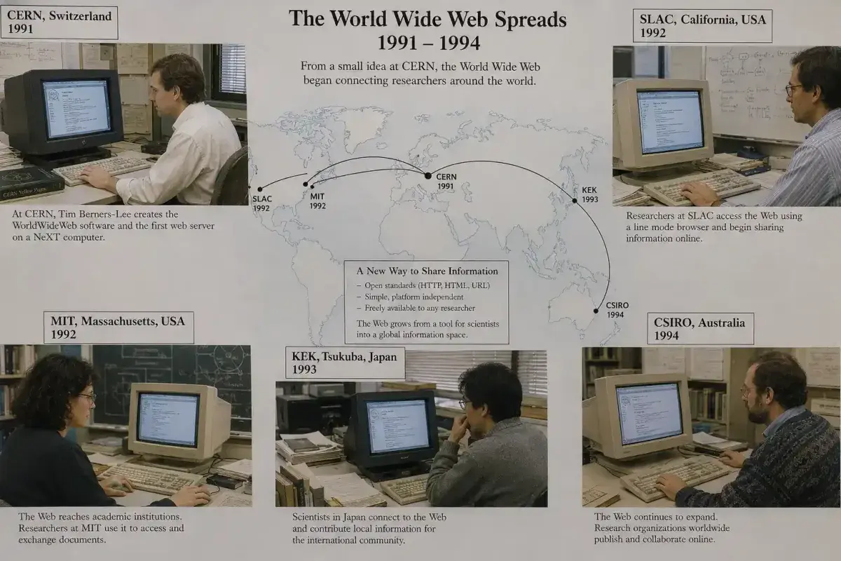 The early World Wide Web spreading from CERN around the world
