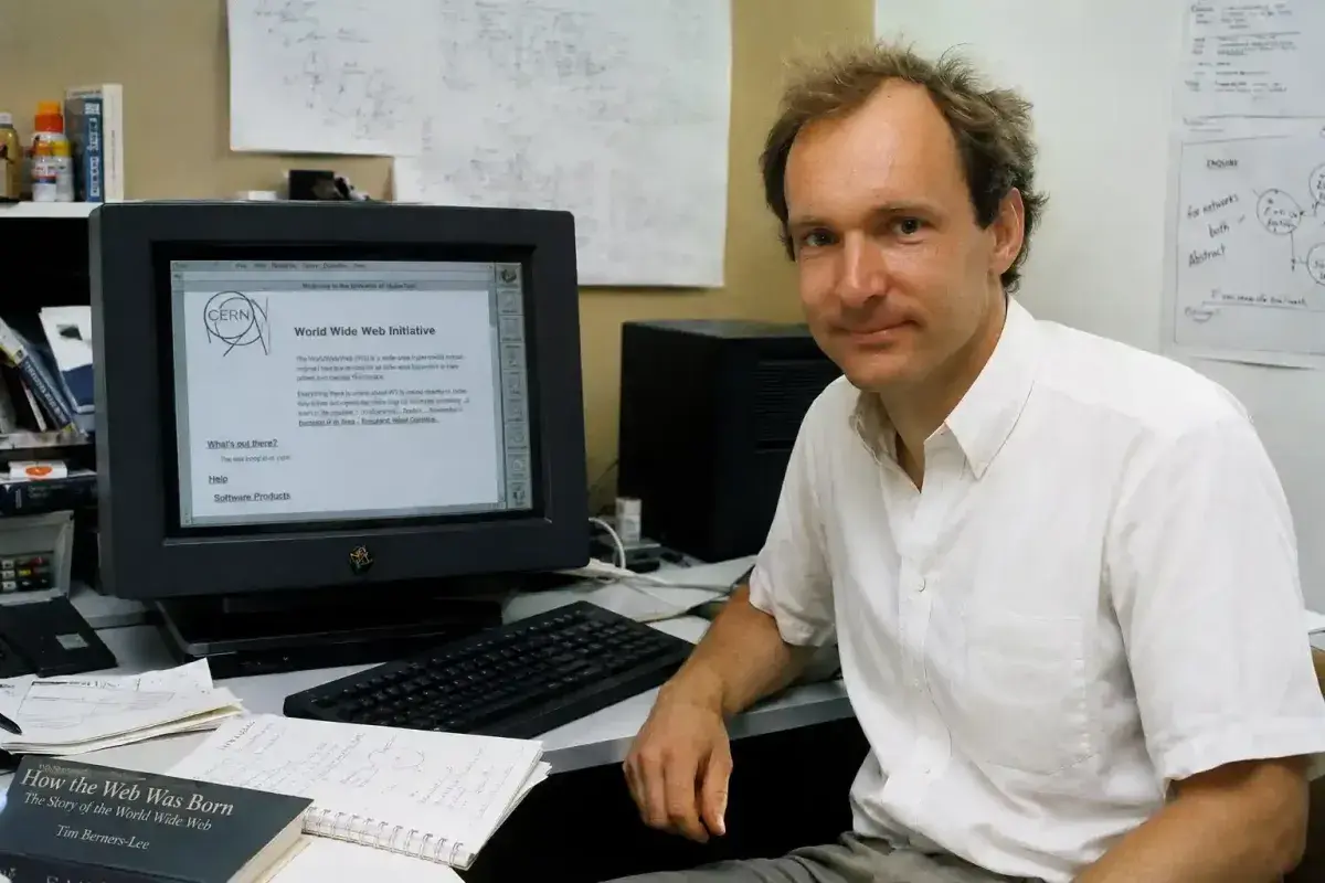 Tim Berners Lee working on the World Wide Web at CERN
