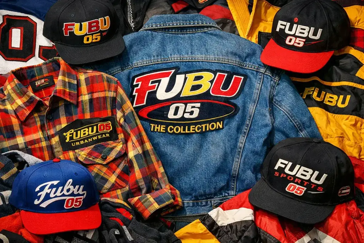 A colorful collage of vintage FUBU clothing pieces including a plaid shirt, a denim jacket with the iconic logo, and snapback hats from the 1990s era.