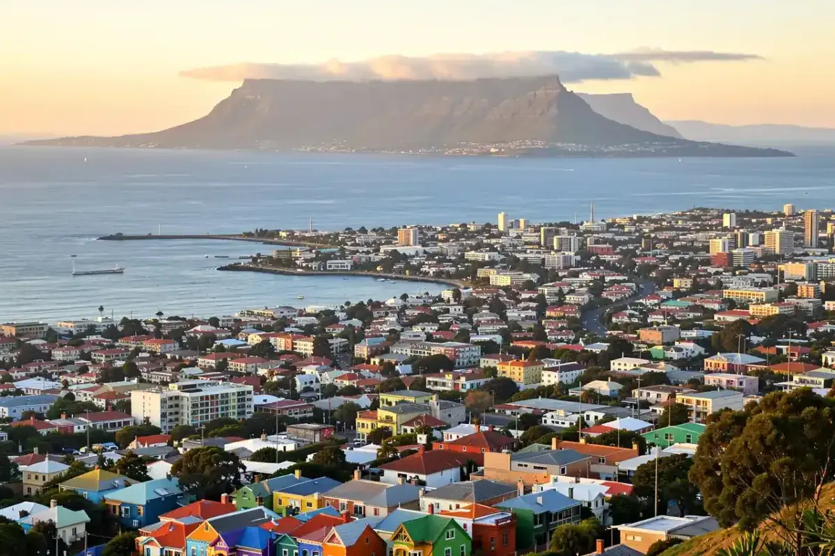 A panoramic view of Cape Town with the colorful Bo-Kaap houses, the city bowl, and the iconic, cloud-topped Table Mountain.