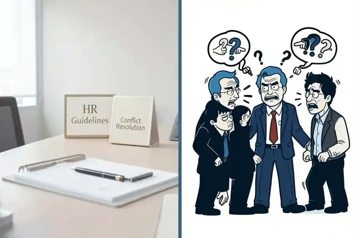 A split-image contrasting a professional HR setting with silhouettes of the Big Bang Theory cast in chaos, symbolizing the challenge of workplace conflict resolution.