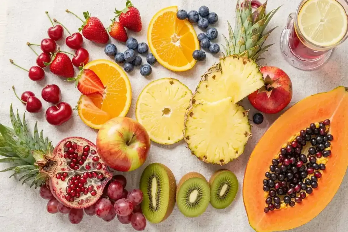 A vibrant flat lay of cherries, berries, citrus, pineapple, and pomegranate, symbolizing delicious, anti-inflammatory fruits for arthritis relief.