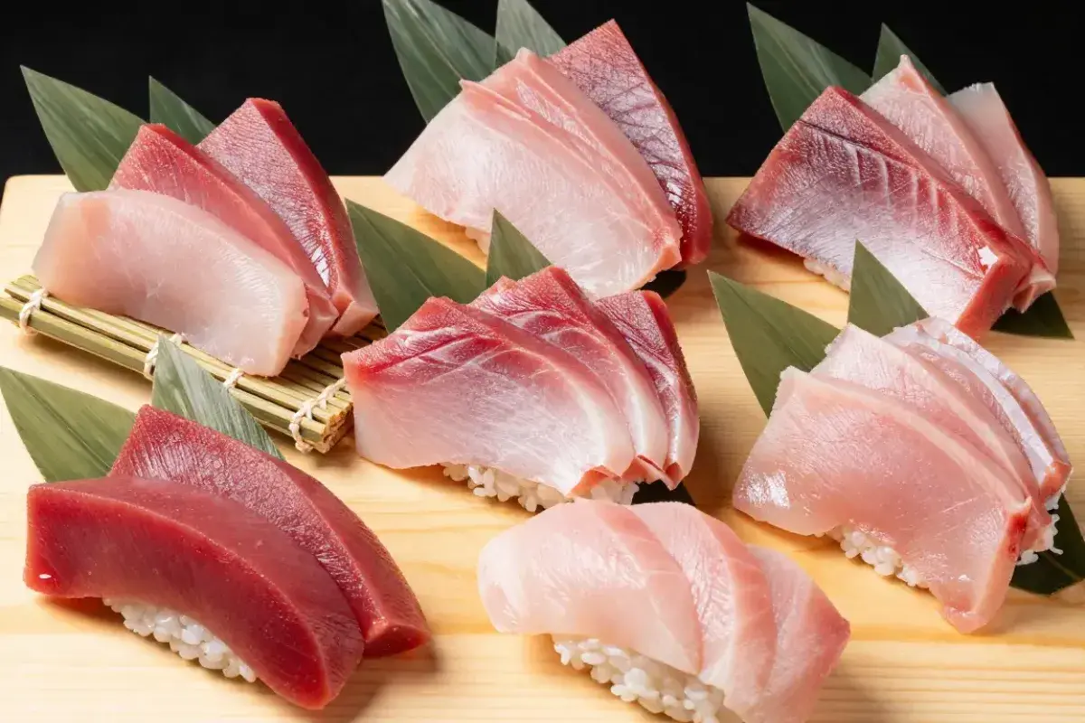 Assorted tuna cuts from otoro to akami displayed for sushi preparation