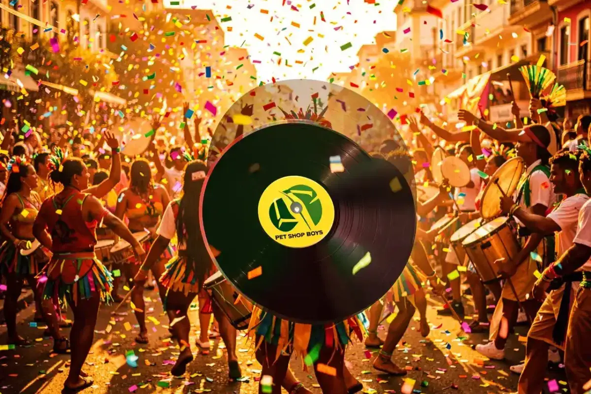 Colorful Brazilian carnival scene with confetti and drums, Pet Shop Boys logo on a vinyl in foreground