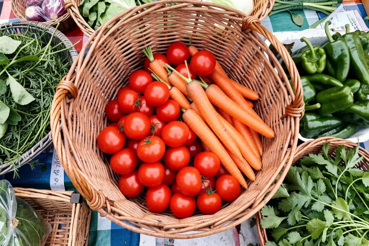 Colorful basket of fresh vegetables at a local market