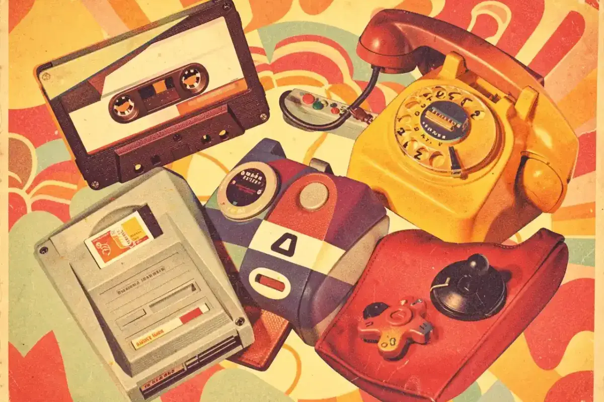 Colorful collage of retro 1980s objects including cassette tape, floppy disk, and rotary phone