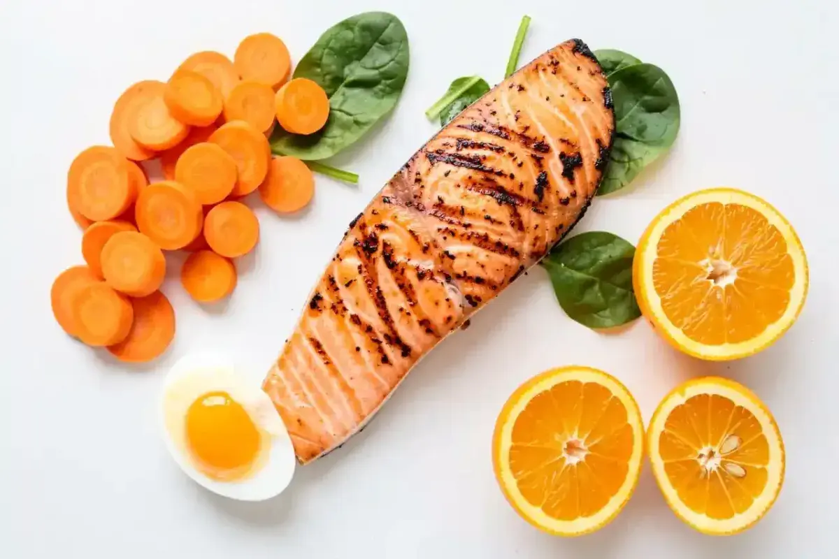 Colorful flatlay of carrots, salmon, spinach, egg, and citrus for eye health