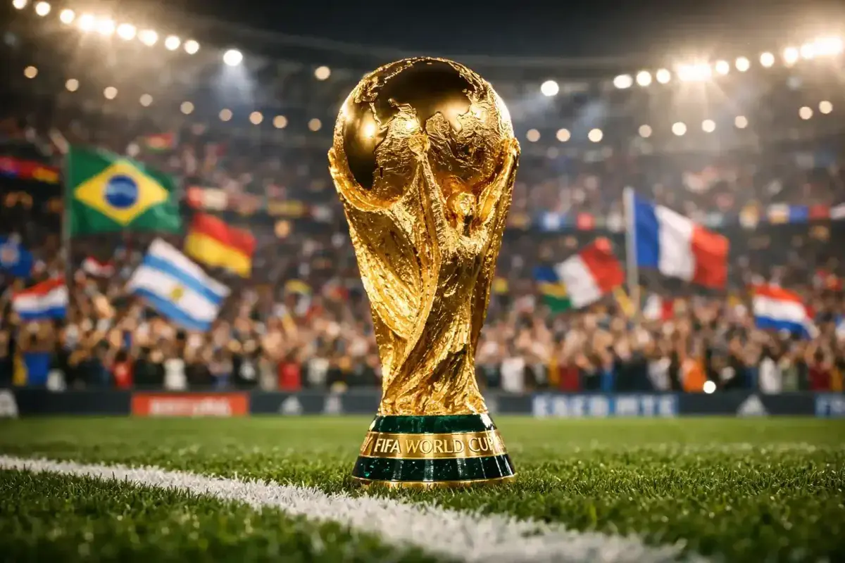 FIFA World Cup trophy surrounded by cheering fans and national flags