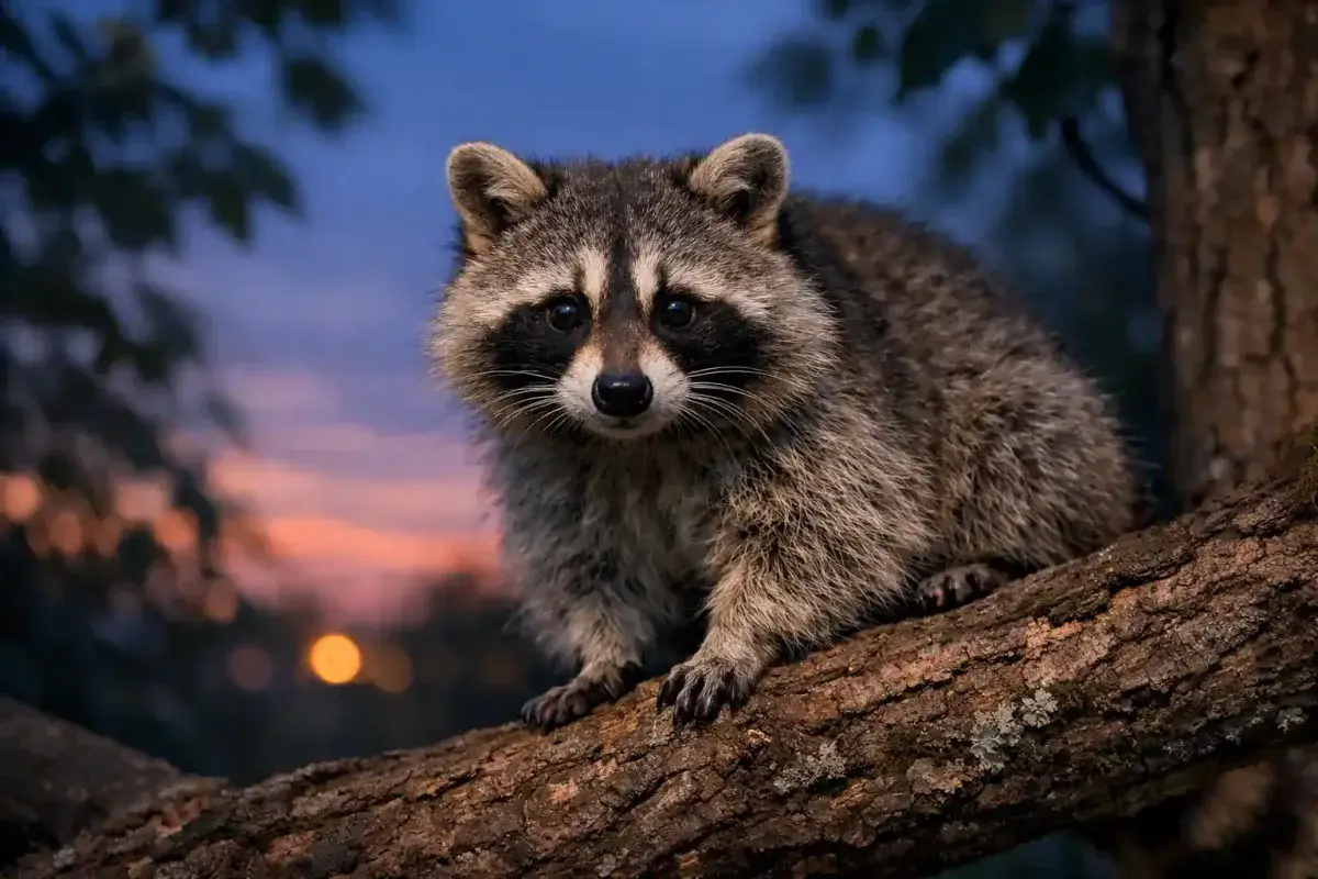 Curious raccoon with masked face in natural habitat