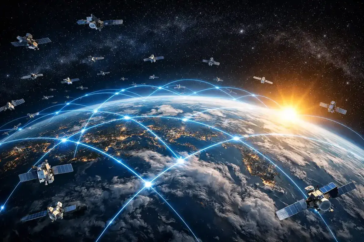 Starlink satellites orbiting Earth above a connected world