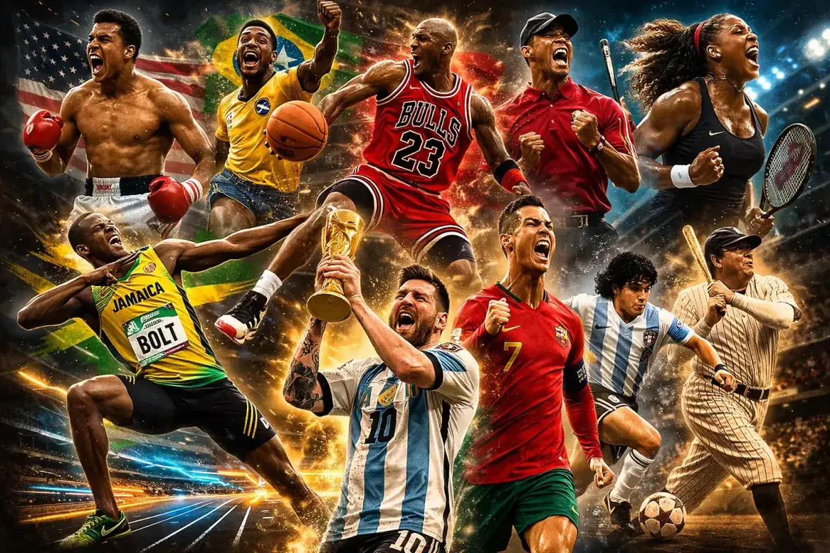 Top 10 Most Recognized Sports Icons of All Time collage featuring legendary athletes