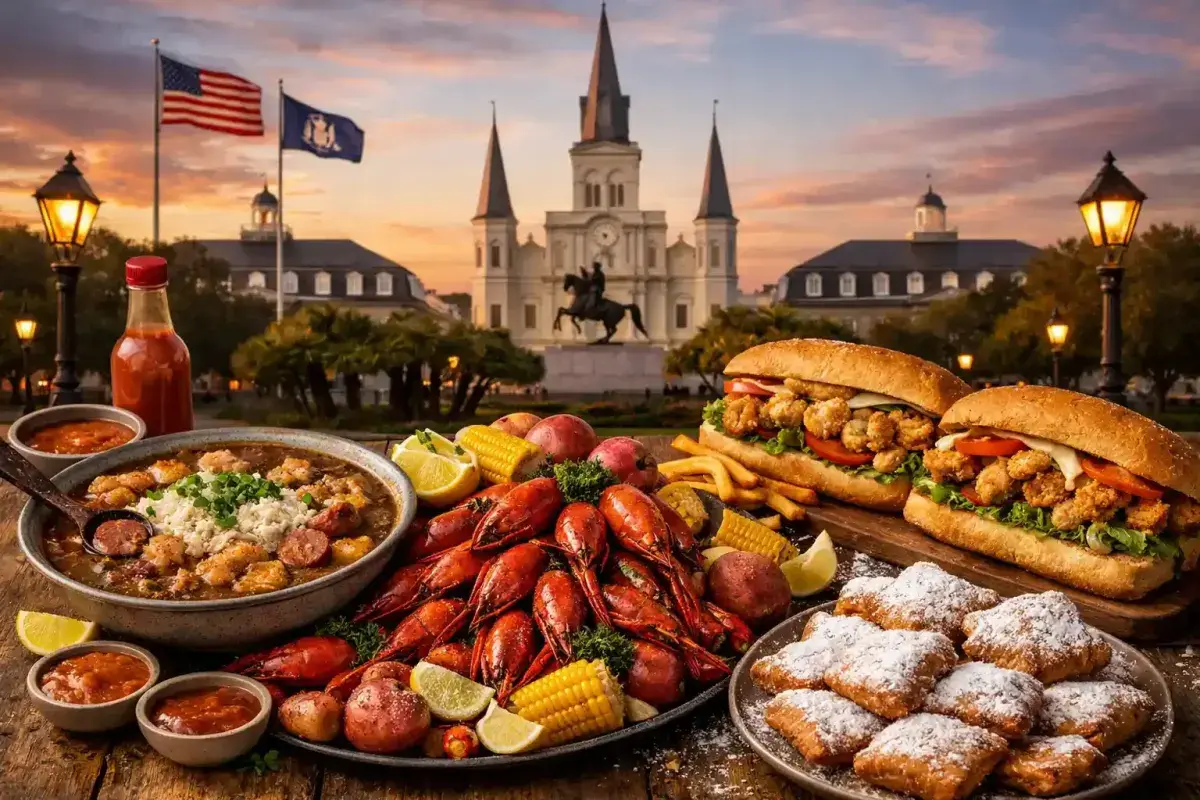 Traditional Louisiana feast featuring gumbo, crawfish, po boys, and beignets on a rustic Cajun table