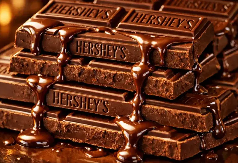 Classic Hershey chocolate bars stacked with rich melted texture