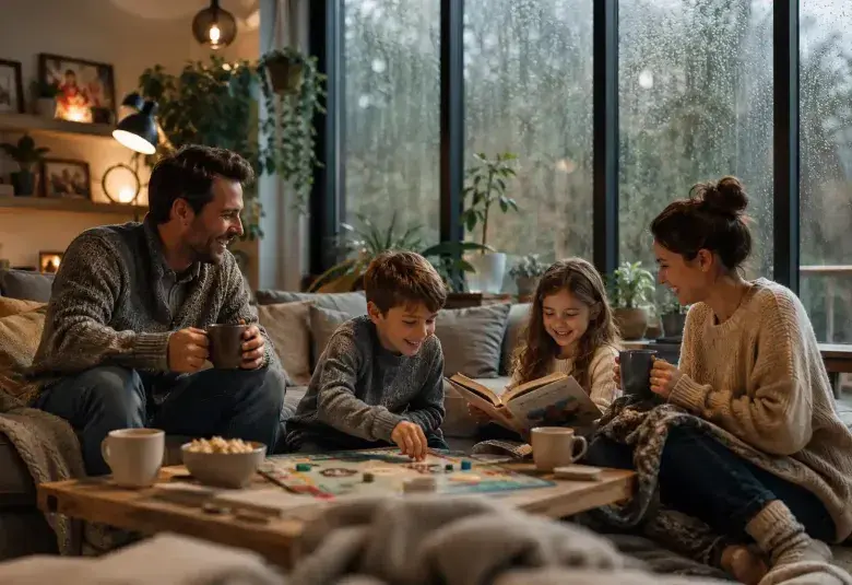 Family enjoying fun indoor activities during a rainy afternoon
