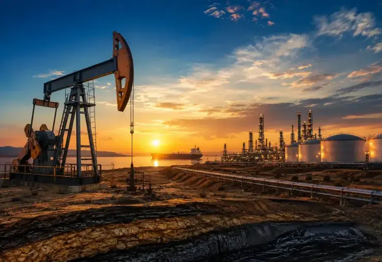 Oil pumpjack and refinery at sunrise