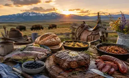 Traditional Wyoming foods served on a rustic ranch table