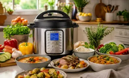A bright modern kitchen with a popular electric Instant Pot on the countertop surrounded by colorful fresh vegetables, herbs, bowls of soup, rice, and family style meals. Warm sunlight through the window creates a welcoming atmosphere. Realistic photography, highly detailed, vibrant colors, magazine quality, inviting home kitchen