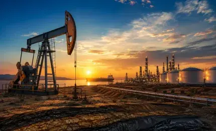 Oil pumpjack and refinery at sunrise