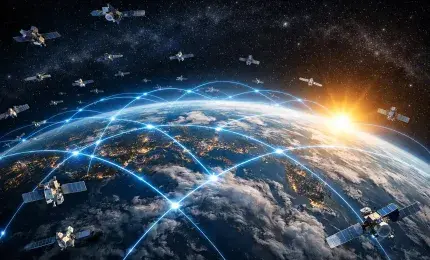 Starlink satellites orbiting Earth above a connected world