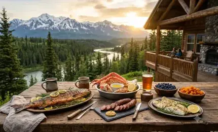 Traditional Foods of Alaska with Mountain Scenery