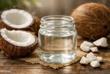 Fresh coconut oil with whole and cracked coconuts in natural light