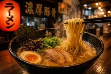 Authentic Japanese ramen bowl with chopsticks lifting steaming noodles