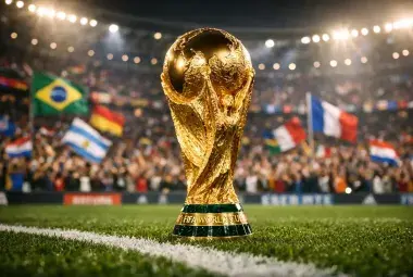 FIFA World Cup trophy surrounded by cheering fans and national flags