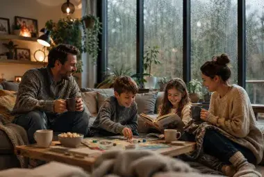 Family enjoying fun indoor activities during a rainy afternoon