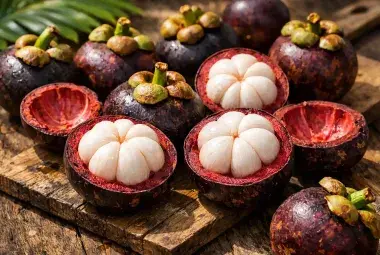 Fresh Purple Mangosteens Opened to Reveal Juicy White Segments on a Tropical Table