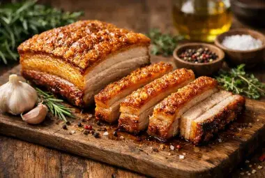 Golden crispy pork belly served with herbs on a rustic wooden table