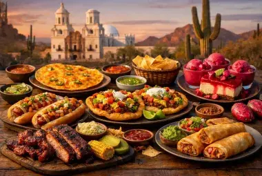Iconic Arizona foods including Sonoran hot dogs, Navajo tacos, prickly pear desserts, mesquite barbecue, cheese crisps, and chimichangas