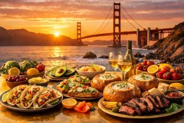 Iconic California foods served together at a coastal outdoor table