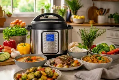 A bright modern kitchen with a popular electric Instant Pot on the countertop surrounded by colorful fresh vegetables, herbs, bowls of soup, rice, and family style meals. Warm sunlight through the window creates a welcoming atmosphere. Realistic photography, highly detailed, vibrant colors, magazine quality, inviting home kitchen