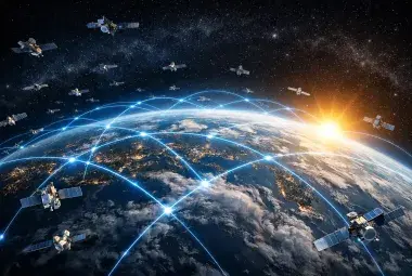 Starlink satellites orbiting Earth above a connected world