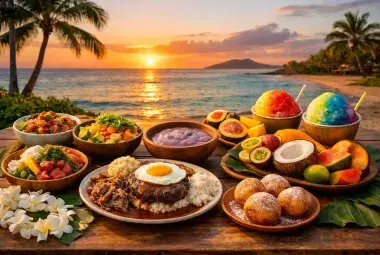 Traditional Hawaiian foods served beside a beautiful beach in Hawaii