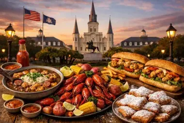 Traditional Louisiana feast featuring gumbo, crawfish, po boys, and beignets on a rustic Cajun table