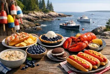 Traditional Maine foods overlooking the scenic Atlantic coast