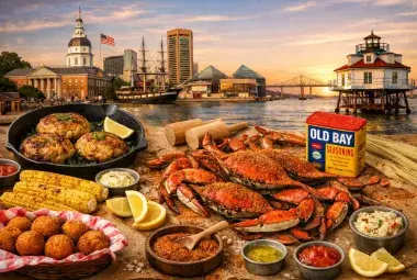 Traditional Maryland seafood feast with blue crabs and crab cakes