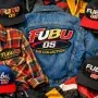 A colorful collage of vintage FUBU clothing pieces including a plaid shirt, a denim jacket with the iconic logo, and snapback hats from the 1990s era.