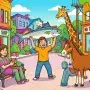 A humorous collage of a person dancing with a fish, a horse with a tail light, and a giraffe by a pole, symbolizing strange U.S. laws.