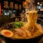 Authentic Japanese ramen bowl with chopsticks lifting steaming noodles