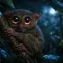 Philippine tarsier with giant glowing eyes in the rainforest at night