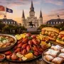 Traditional Louisiana feast featuring gumbo, crawfish, po boys, and beignets on a rustic Cajun table